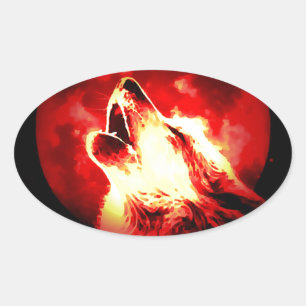 Wolf, Moon en Red Sky Ovale Sticker
