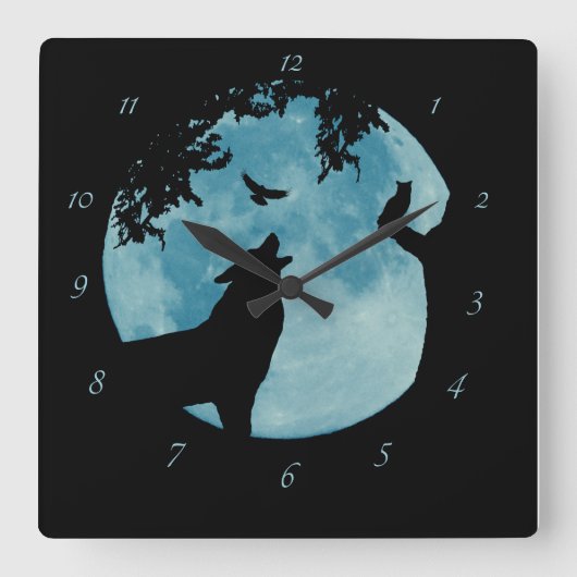Wolf Moon Raven Owl Wildlife Clock Vierkante Klok (Voorkant)