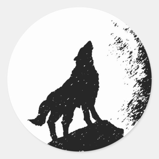 Wolf & Moon Silhoutte Ronde Sticker (Voorkant)