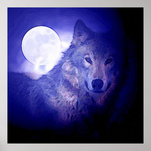 Wolf & Moon Square Poster Print Blue Night Wolven