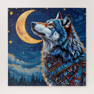 Wolf onder de halve maan 's nachts legpuzzel
