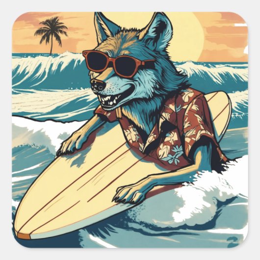 WOLF OP HAWAÏ STRAND VOOR ZOMERVAKANTIE VIERKANTE STICKER (Voorkant)