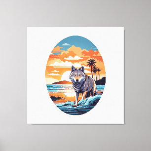 Wolf op het strand canvas afdruk
