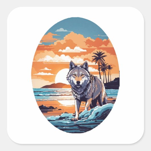 Wolf op het strand vierkante sticker (Voorkant)