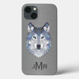 Wolf op monogram geborsteld staal iPhone 13 hoesje