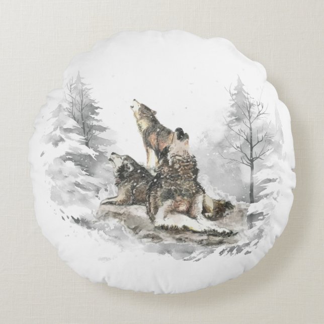 Wolf Pack Howling Winter Song Chorus Animal Art Rond Kussen (Voorkant)