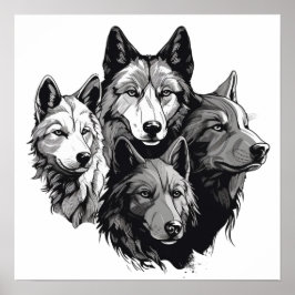 Wolf Pack Tribal Graphic Black en White Wolven Poster