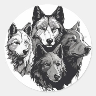 Wolf Pack Tribal Graphic Black en White Wolven Ronde Sticker