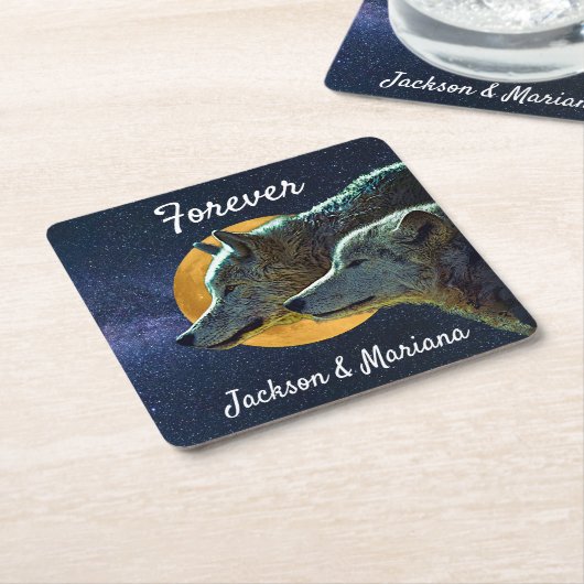 Wolf Pair en Full Moon Vierkante Kartonnen Onderzetter (Schuin)