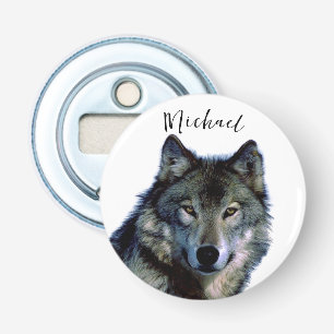 Wolf Portrait Jouw naam Custom Handschrift Button Flesopener