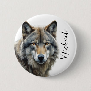 Wolf Portrait Jouw naam Custom Handschrift Ronde Button 5,7 Cm