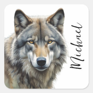 Wolf Portrait Jouw naam Custom Handschrift Vierkante Sticker