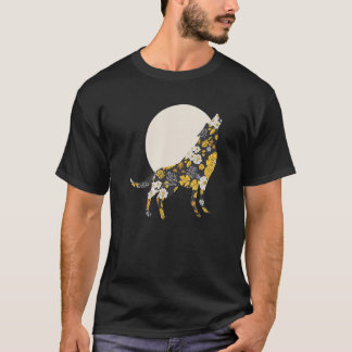 Wolf Silhouette Flower Pattern Dog Friends T-shirt
