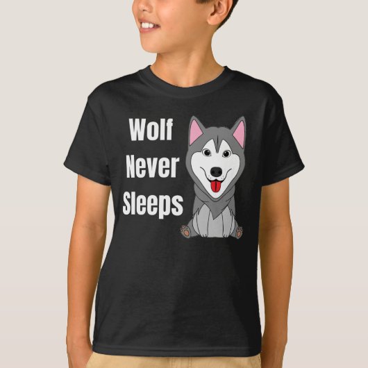 Wolf slaapt nooit t-shirt (Voorkant)