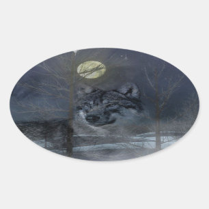 Wolf Spirit Moon Night Ovale Sticker