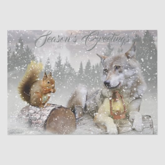 Wolf Squirrel Winter Snow Forest Moon Landscape Tissuepapier (Voorkant)