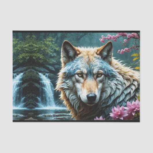 Wolf Staande in rivier met bloemen Tissuepapier (Voorkant)