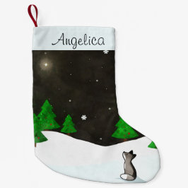 Wolf Stargazing op Snowy Winter Night Waterverf Kleine Kerstsok