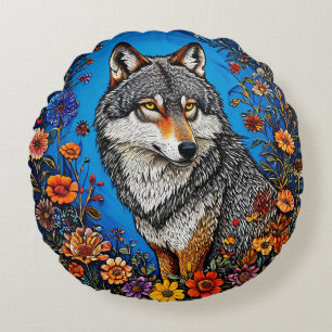 Wolf te midden van levendige bloemen rond kussen