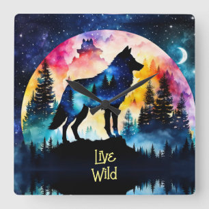 Wolf volle maan waterverf vierkante klok