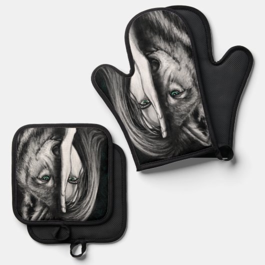 Wolf Vrouw Oven Mitt & Pot Houder Set (Voorkant / Achterkant)