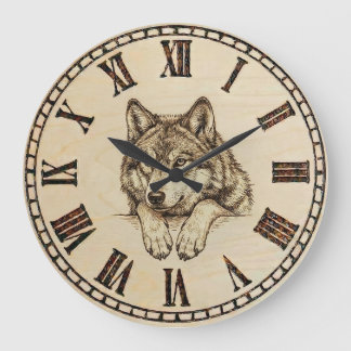 Wolf Wall Clock – Wood-Burned Style Grote Klok