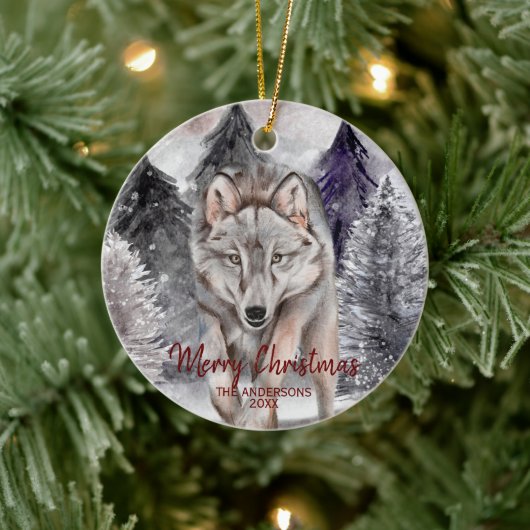 Wolf-Waterverf in Dark Forest-kerstversiering Keramisch Ornament (Boom)
