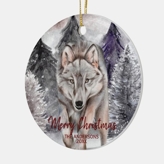Wolf-Waterverf in Dark Forest-kerstversiering Keramisch Ornament (Links)
