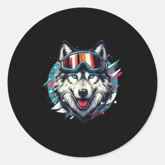 Wolf Wearing Ski Snowboard Goggles Wolf Skiing Lov Ronde Sticker (Voorkant)