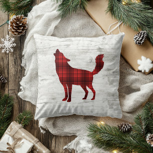 Wolf Woodland Birch Rood Buffalo Plaid Kussen