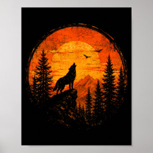 Wolf zonsondergang berg bos wildernis natuur poster