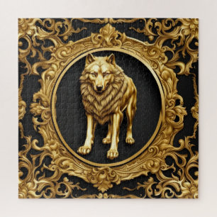 Wolf zwart en goud sierlijke lijst legpuzzel