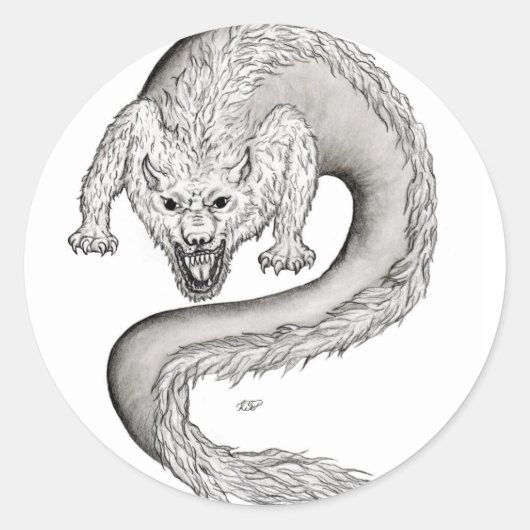 Wolfdragon zwart-wit design ronde sticker (Voorkant)