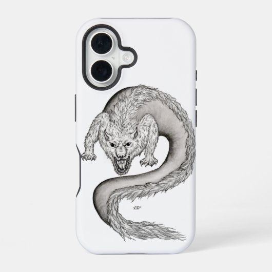 Wolfdragon zwart-wit ontwerp iPhone 16 hoesje (Achterkant)