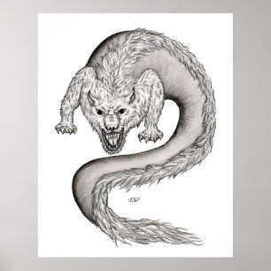 Wolfdragon zwart-wit ontwerp poster