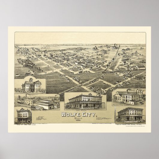 Wolfe City, TX Panoramic Map - 1891 Poster (Voorkant)