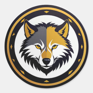 Wolfembleemlogo met gouden cirkel ronde sticker