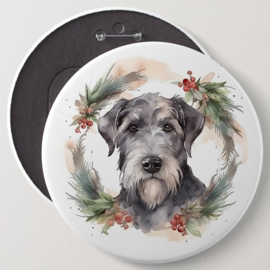 Wolfhound Kerstkrans Feestelijke Pup Ronde Button 6,0 Cm (Voorkant /achterkant)