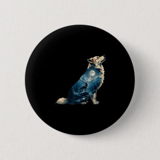 Wolfmaan berg bos silhouet dieren in het wild kuns ronde button 5,7 cm
