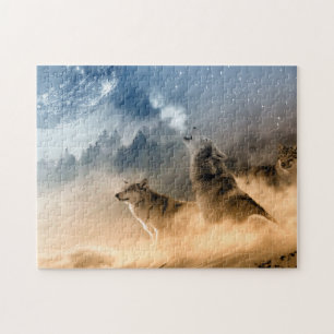 Wolfs Howl op een Herfst van de Koude Foggy Starry Legpuzzel