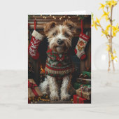 Wolfshond hond met kerstcadeaus open haard kaart (Gele Bloem)