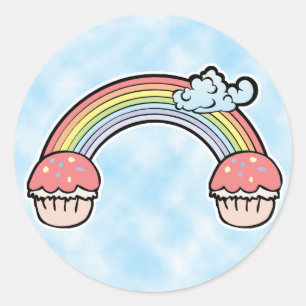 wolk achtergrond, Einde Regenboog Cupcakes Ronde Sticker