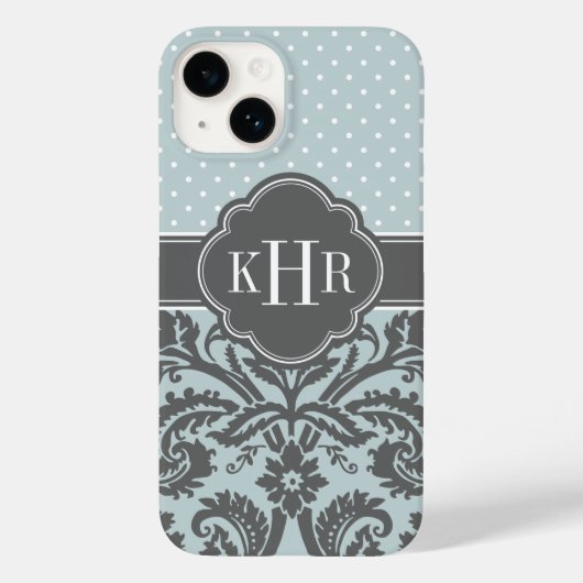Wolk Blauw en Houtskool Grijs Damast Stippen Monog Case-Mate iPhone Case (Achterkant)