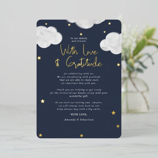 Wolken Donkerblauw Baby shower plat dank u Folie Uitnodiging (Staand Voorkant)