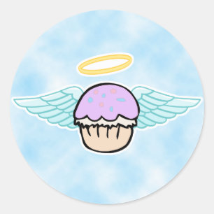 wolkenachtergrond, cupcake engel zonder tekst ronde sticker