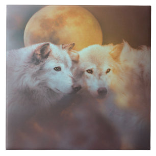 Wolven en Moon Surreal Fine Art Tegeltje