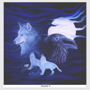 Wolven en raaf bij volle maan sticker