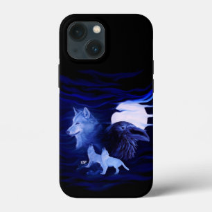 Wolven en Raven met volle maan iPhone 13 Mini Hoesje
