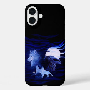 Wolven en Raven met volle maan iPhone 16 Plus Hoesje