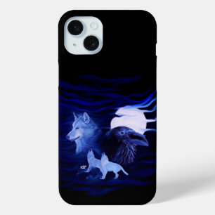 Wolven en Raven met volle maan iPhone 15 Mini Hoesje